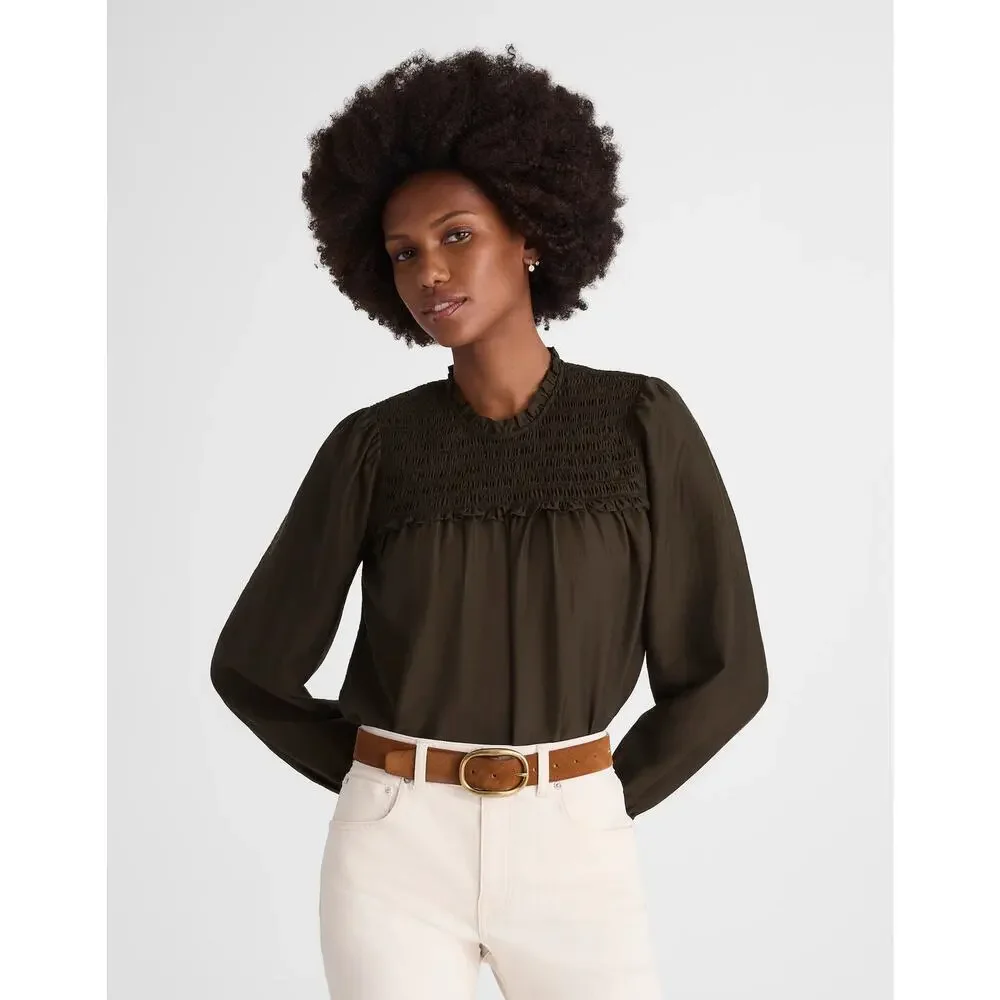 Madewell Smocked High-Neck Long-Sleeve Blouse Top Midnight Olive Womens Small